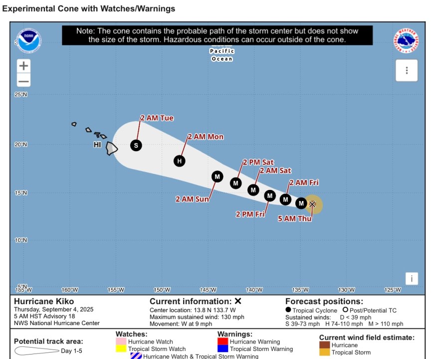 Hurricane Kiko expected to weaken as he approaches Central Pacific Basin
